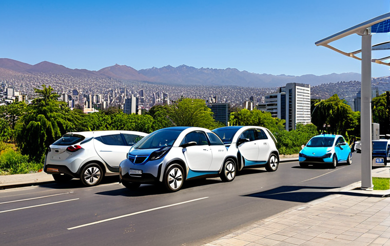 **
A vibrant cityscape of Santiago, Chile, with modern electric cars smoothly navigating the streets. Solar panels gleam on rooftops, and lush green parks punctuate the urban landscape. The sky is clear, symbolizing reduced air pollution, and a charging station is prominently featured, showcasing the government's investment in infrastructure. The overall atmosphere is one of progress, sustainability, and technological advancement in Chile's EV market.
**
