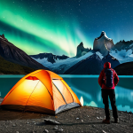 A solitary camper, fully clothed in professional, modest outdoor attire, stands beside a sturdy tent pitched on the shore of an emerald glacial lake in Torres del Paine National Park, Patagonia, Chile. Towering granite peaks dominate the backdrop under a vast, star-filled night sky, with the Milky Way prominently visible. The scene captures the feeling of awe and freedom amidst powerful winds. The subject displays perfect anatomy, correct proportions, and a natural pose, with well-formed hands and proper finger count, natural body proportions. This image is safe for work, appropriate content, and family-friendly, reflecting professional photography and high quality.