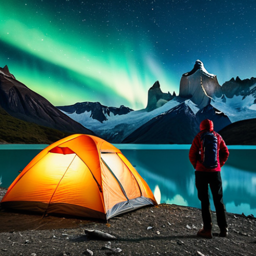 Home 18 A solitary camper, fully clothed in professional, modest outdoor attire, stands beside a sturdy tent pitched on the shore of an emerald glacial lake in Torres del Paine National Park, Patagonia, Chile. Towering granite peaks dominate the backdrop under a vast, star-filled night sky, with the Milky Way prominently visible. The scene captures the feeling of awe and freedom amidst powerful winds. The subject displays perfect anatomy, correct proportions, and a natural pose, with well-formed hands and proper finger count, natural body proportions. This image is safe for work, appropriate content, and family-friendly, reflecting professional photography and high quality.