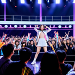 **

"A vibrant K-Pop concert in Santiago, Chile, with a popular Korean idol group performing on stage, fully clothed in stylish outfits, enthusiastic Chilean fans in the audience holding light sticks, safe for work, perfect anatomy, correct proportions, professional photography, high quality, family-friendly."

**